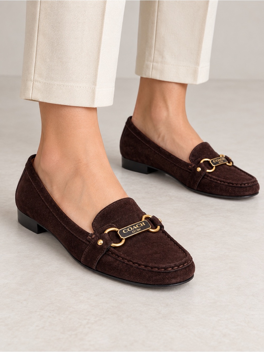 Women’s Coach Dark Brown Suede Loafers with Gold Plaque size 7.5